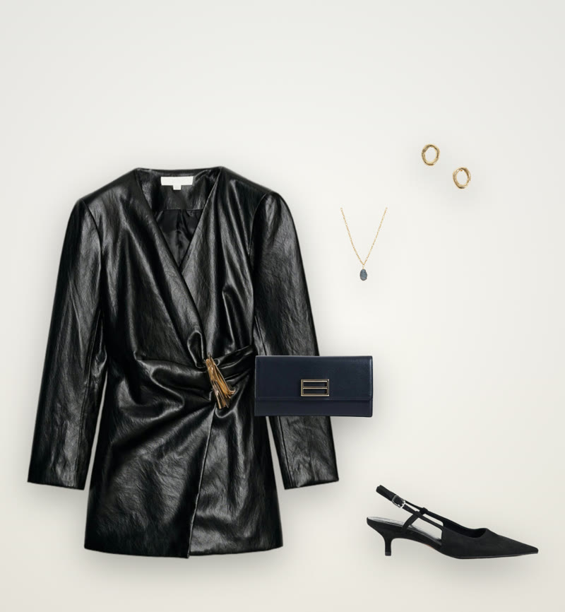 The look laid out: black faux-leather wrap dress with a gold tassel, navy clutch, black slingback kitten heels, gold earrings and a pendant