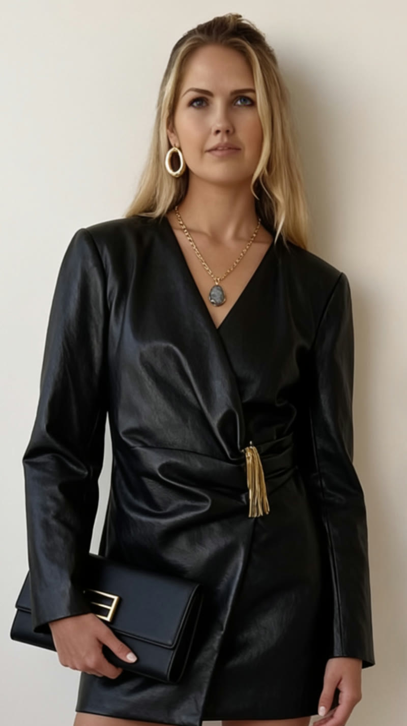 The same look tried on: a woman in the black wrap dress with the clutch, earrings and pendant